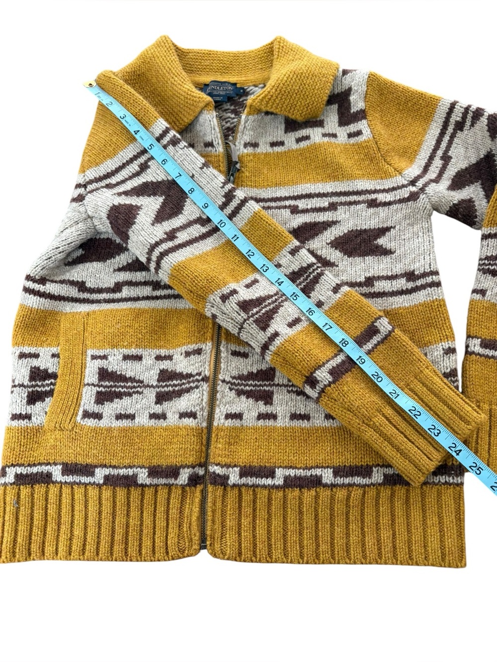 Pendleton Mustard Yellow, Cream & Brown Geometric Zip Cardigan - Picture 7 of 12
